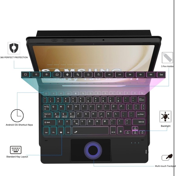 for Samsung Galaxy Tab A9+ 5G/A9 Plus 11" Keyboard Case: 3 Zone 7 Colors Backlit - Picture 7 of 8